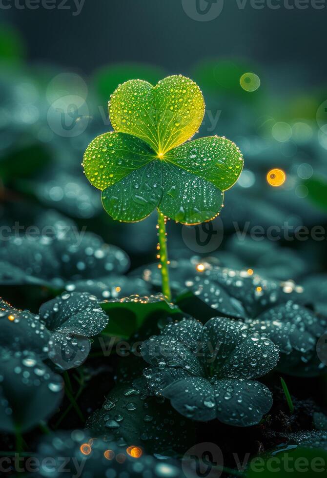 ai generado verde cuatro hoja trébol y algunos Rocío en eso foto