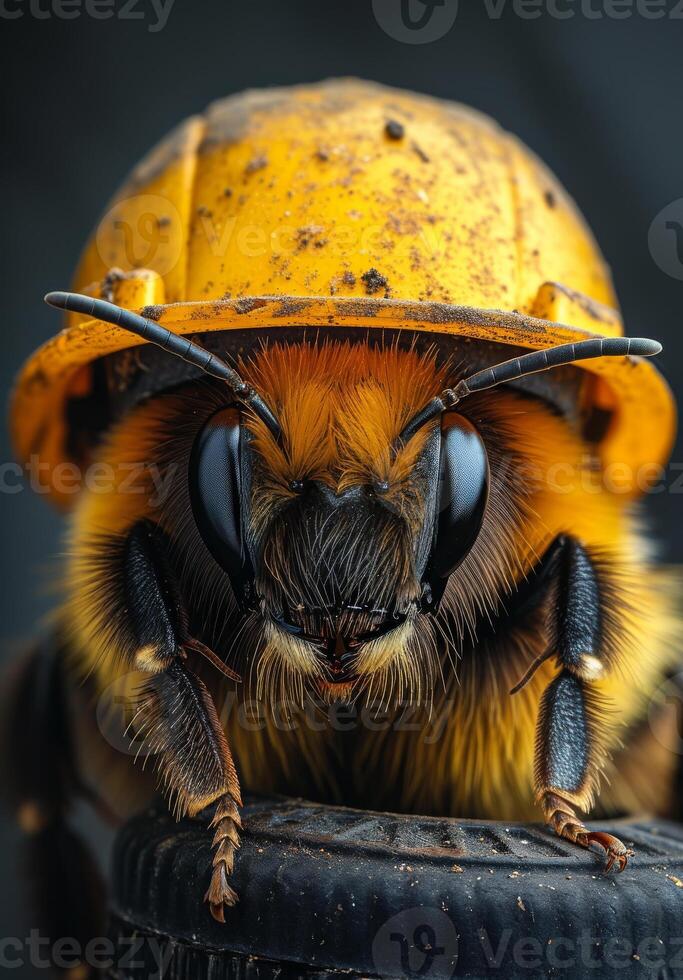 AI generated Bee wearing yellow construction helmet photo