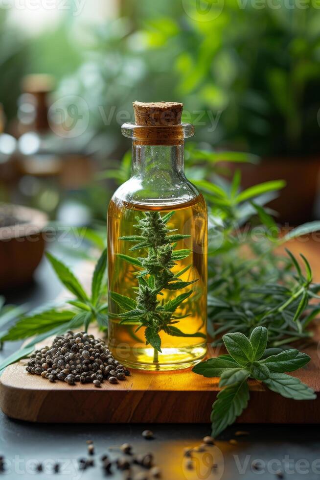 AI generated Bottle of hemp oil with cannabis leaf and seeds photo