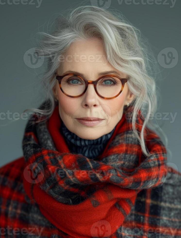 AI generated Stylish old woman with gray hair and glasses in checkered red scarf photo