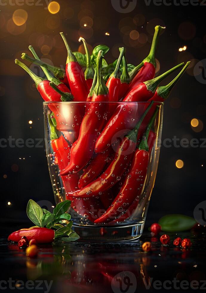 AI generated Red hot chili peppers in glass bowl photo