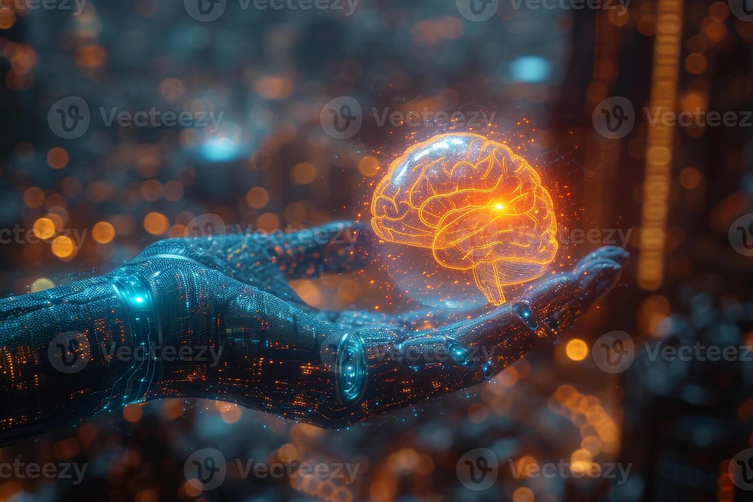 AI generated Cyborg hand holding Brain hologram over city at night. photo
