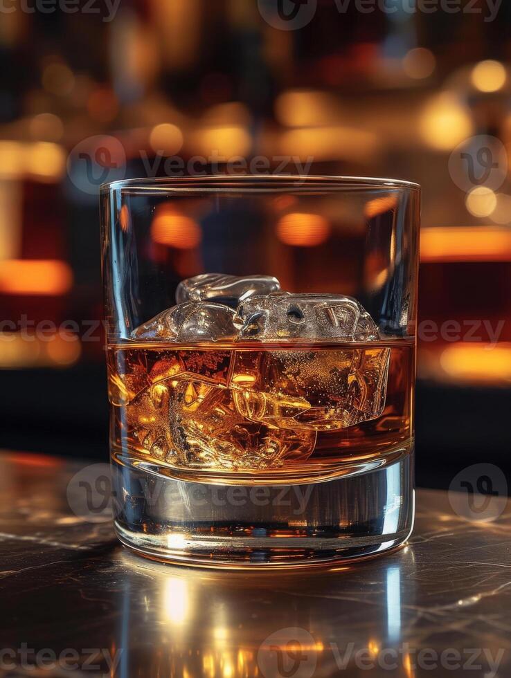 AI generated Glass of whiskey with ice cubes on the bar counter photo