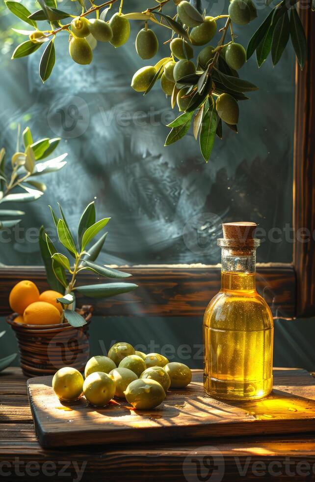 AI generated Olive oil and olives on the wooden table and in the basket photo
