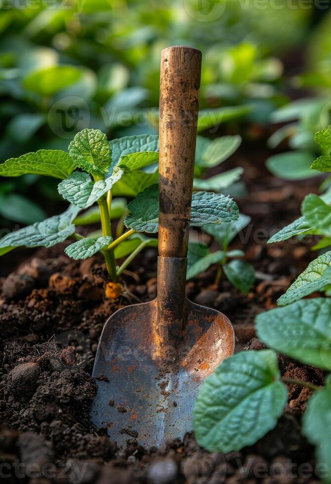 AI generated Shovel stuck in the ground in the garden photo