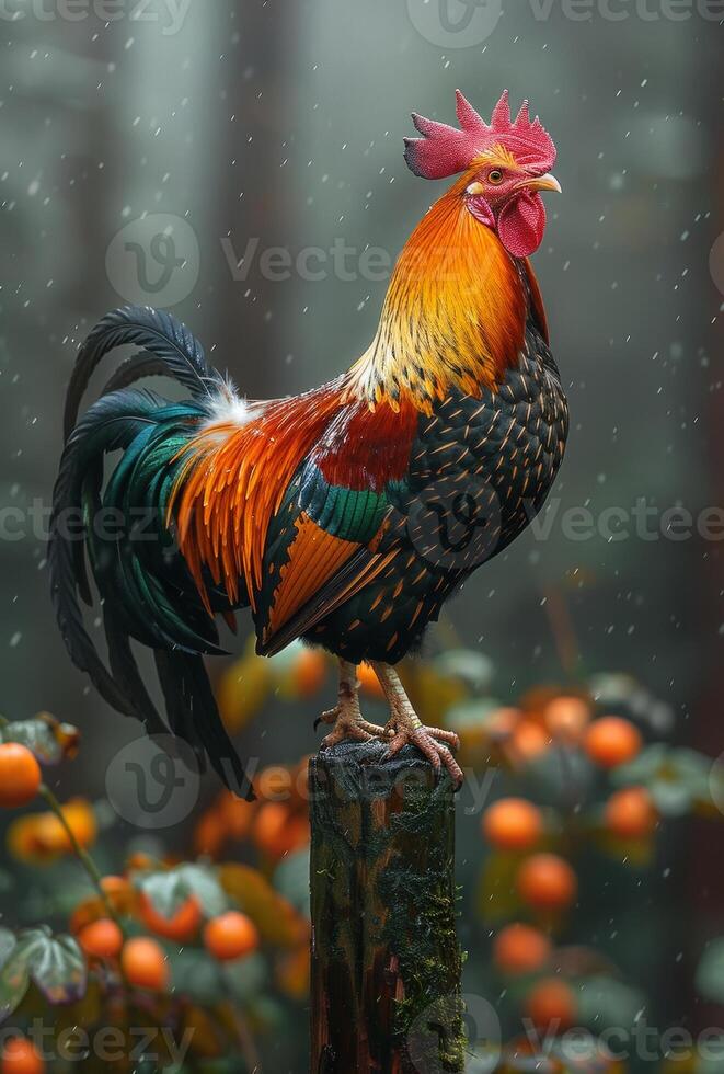 AI generated Rooster sitting on tree stump in the rain photo