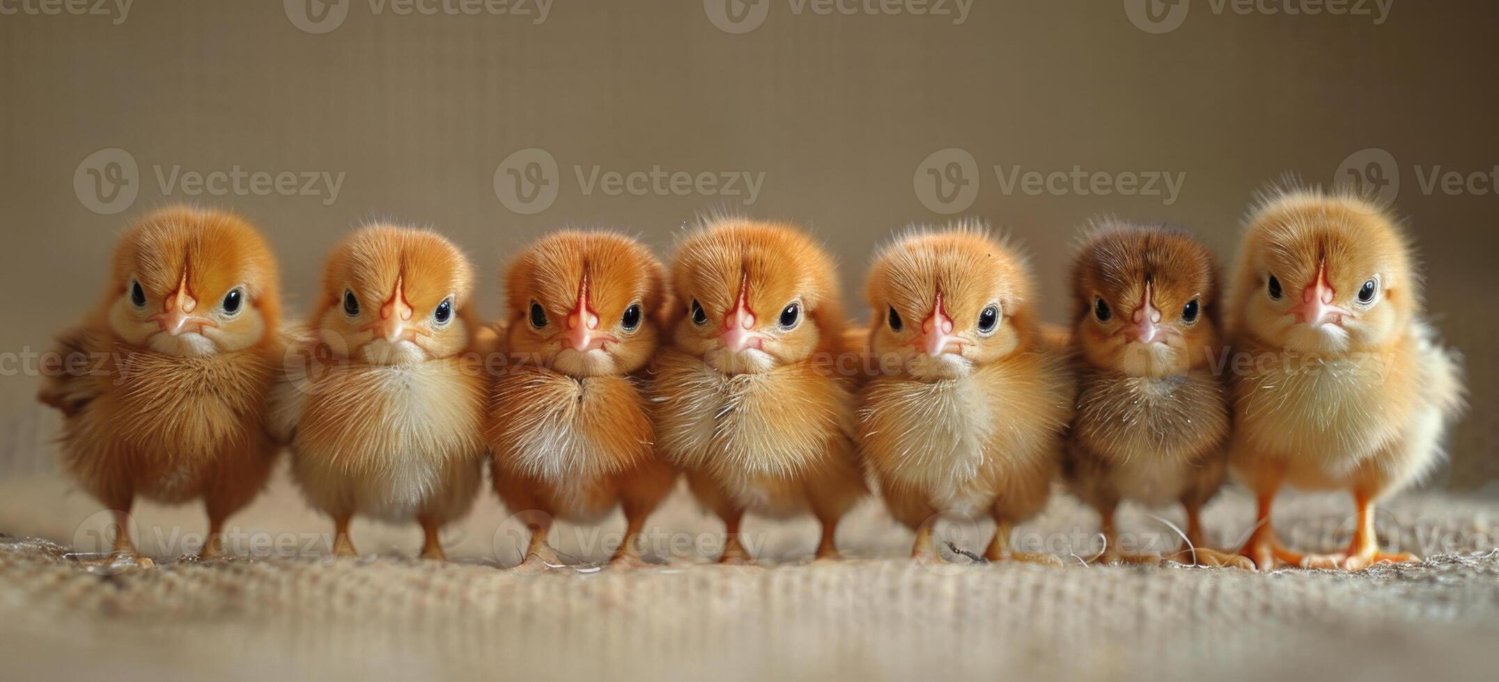 AI generated Chicks are standing in row. A small line of small chickens standing photo