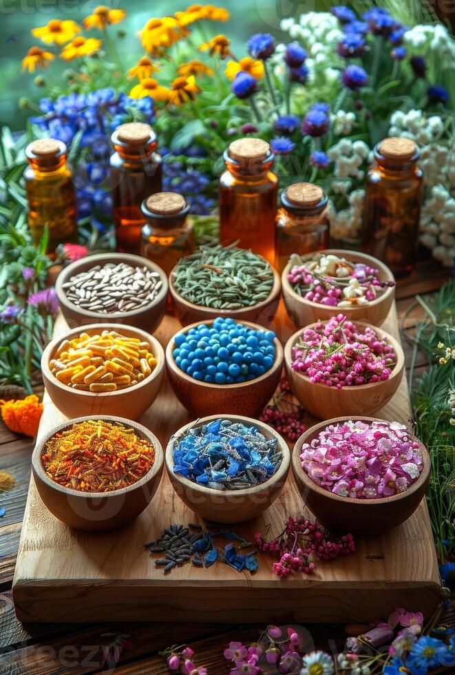 ai generado el natural medicina hierbas medicamentos y flores foto