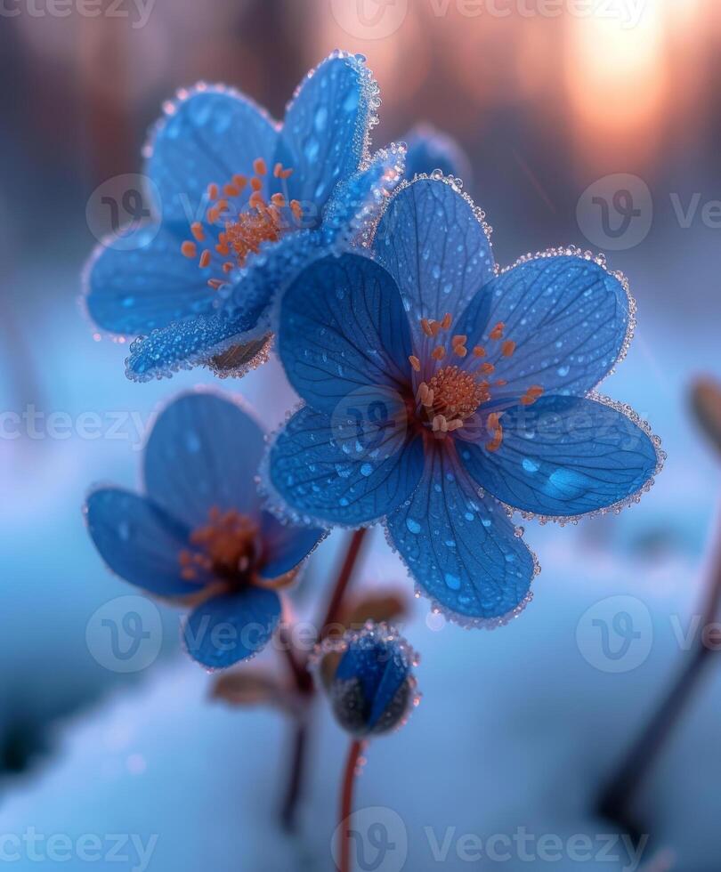 AI generated Three blue flowers in the snow photo