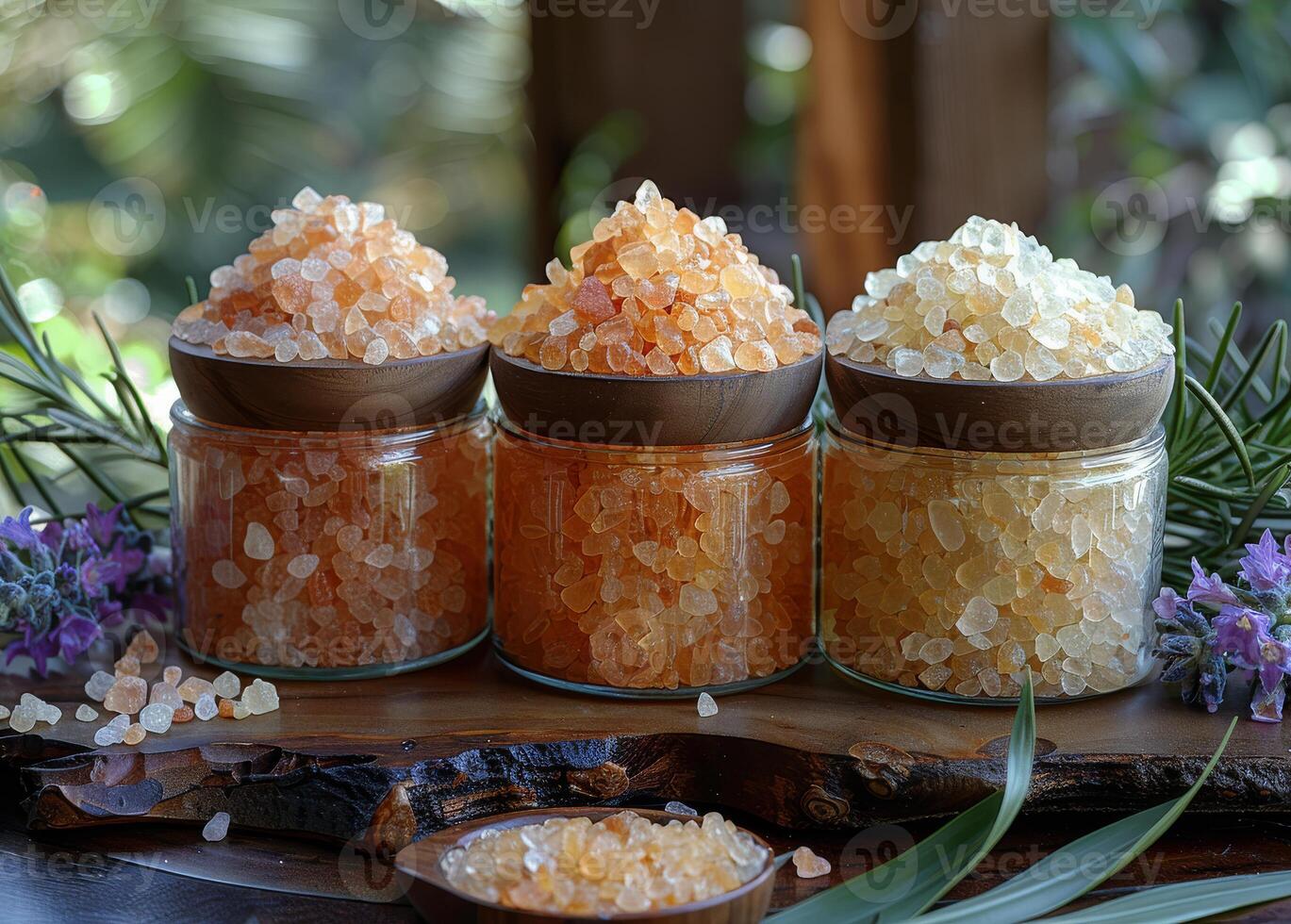 AI generated Three jars of sea salt sit on wooden table surrounded by lavender flowers. photo