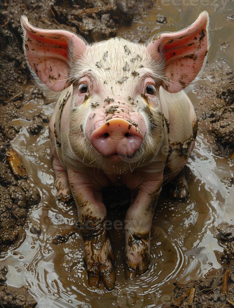 AI generated Pig playing in the mud photo