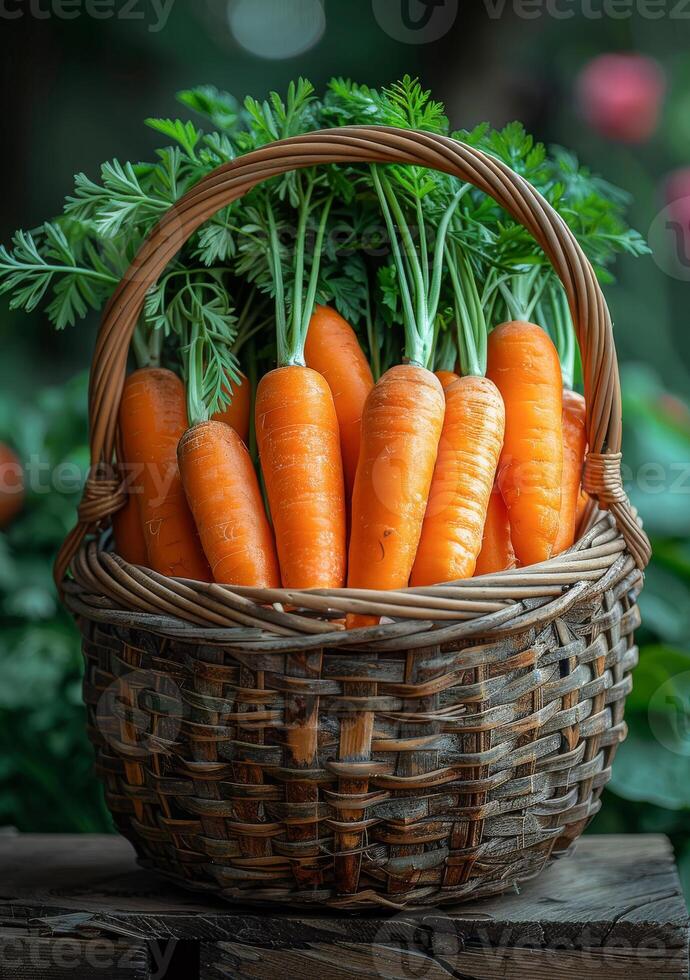 AI generated Fresh organic carrots in basket photo