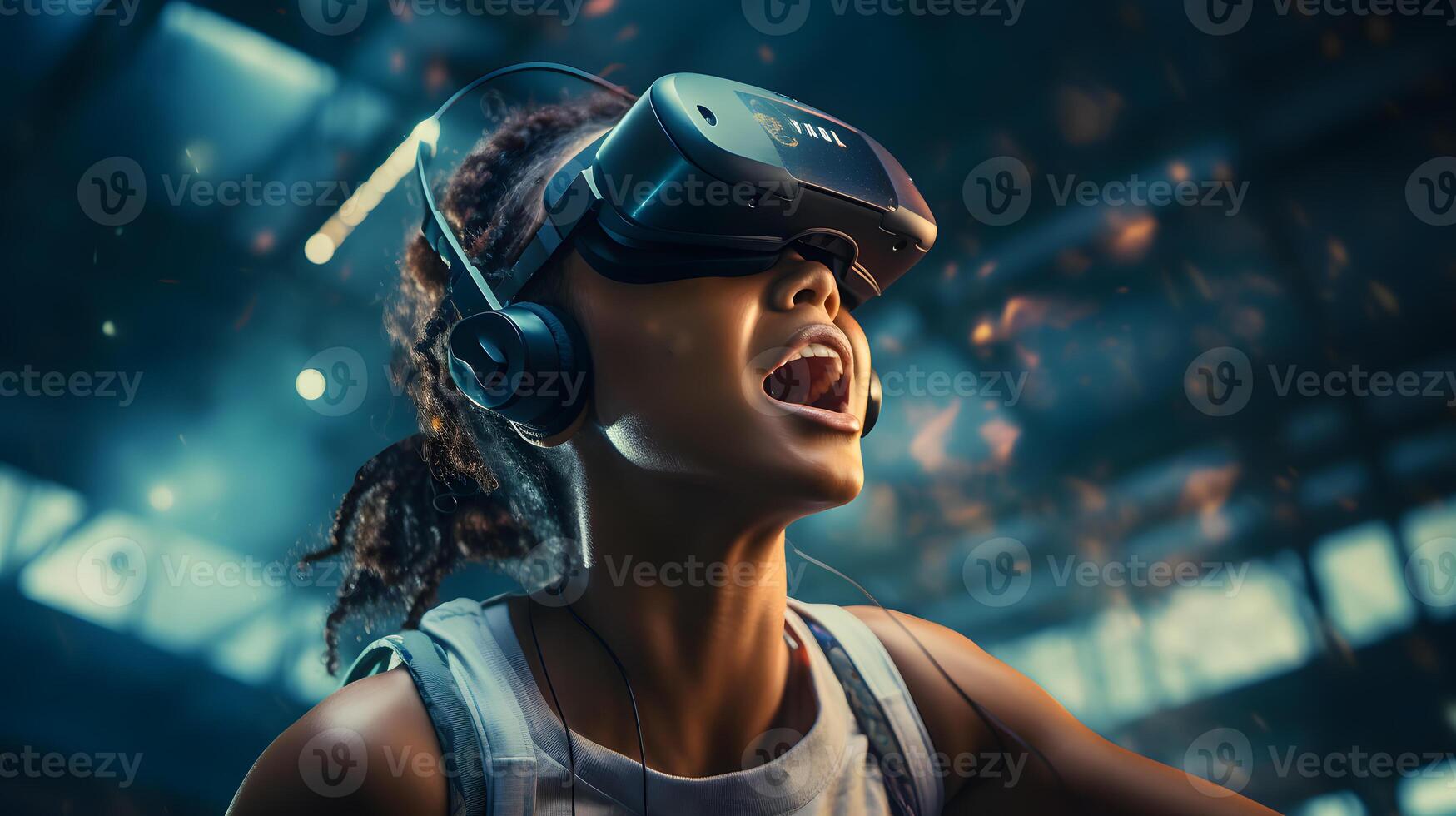 AI generated a beautiful woman engaged in a virtual workout with the fusion of technology and fitness photo