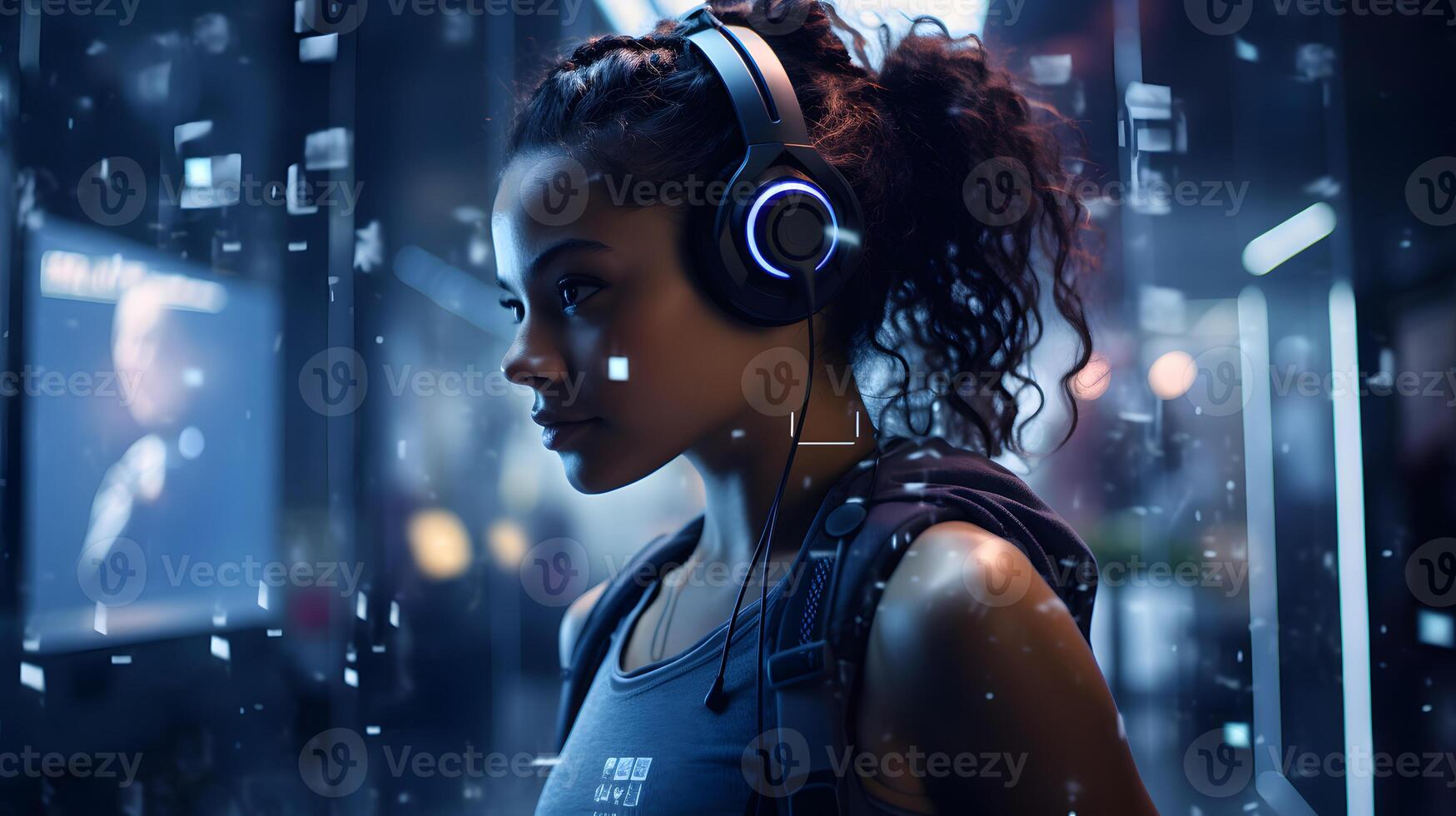 AI generated a beautiful woman engaged in a virtual workout with the fusion of technology and fitness photo