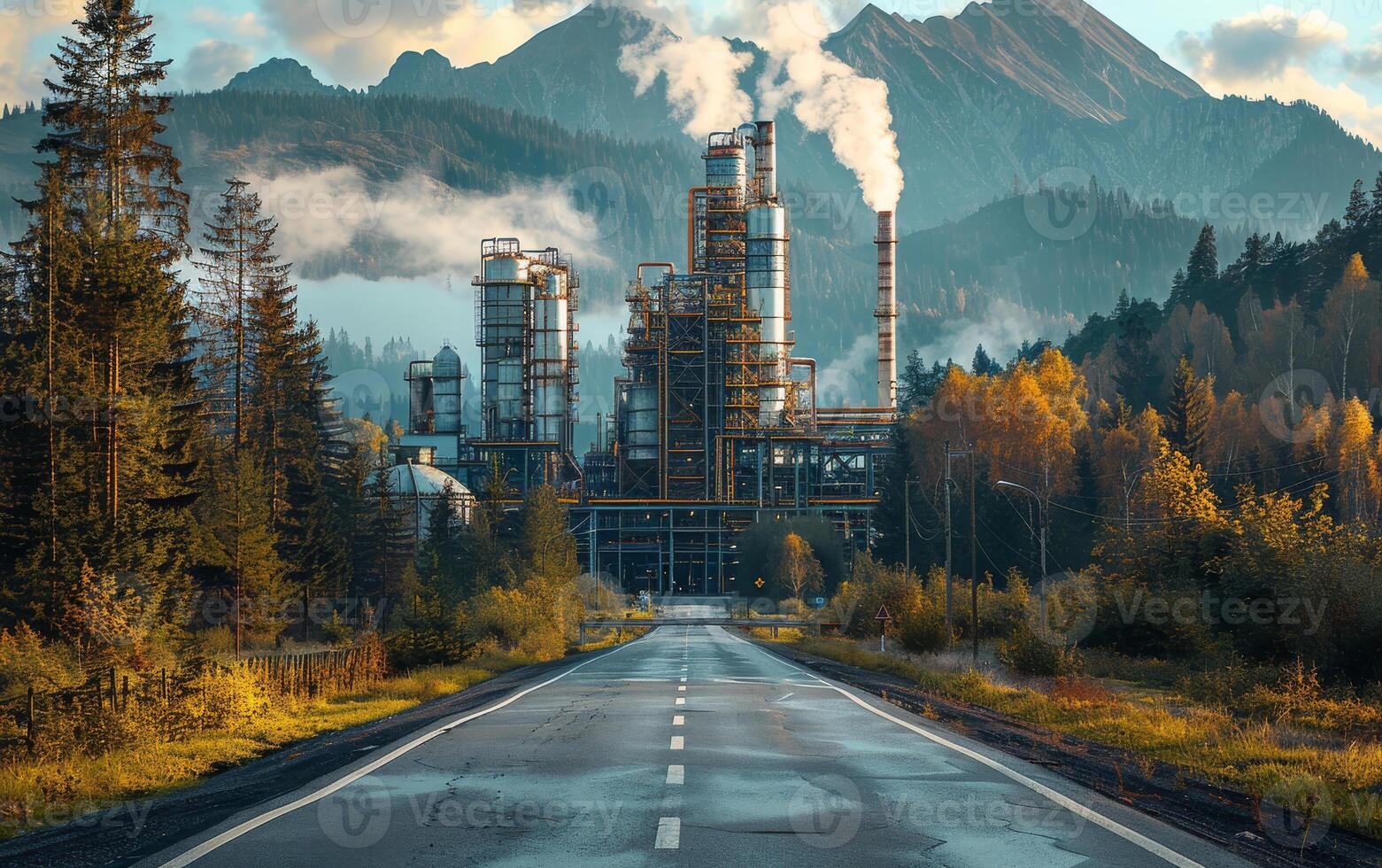 AI generated Road to the oil refinery. Large plant photo