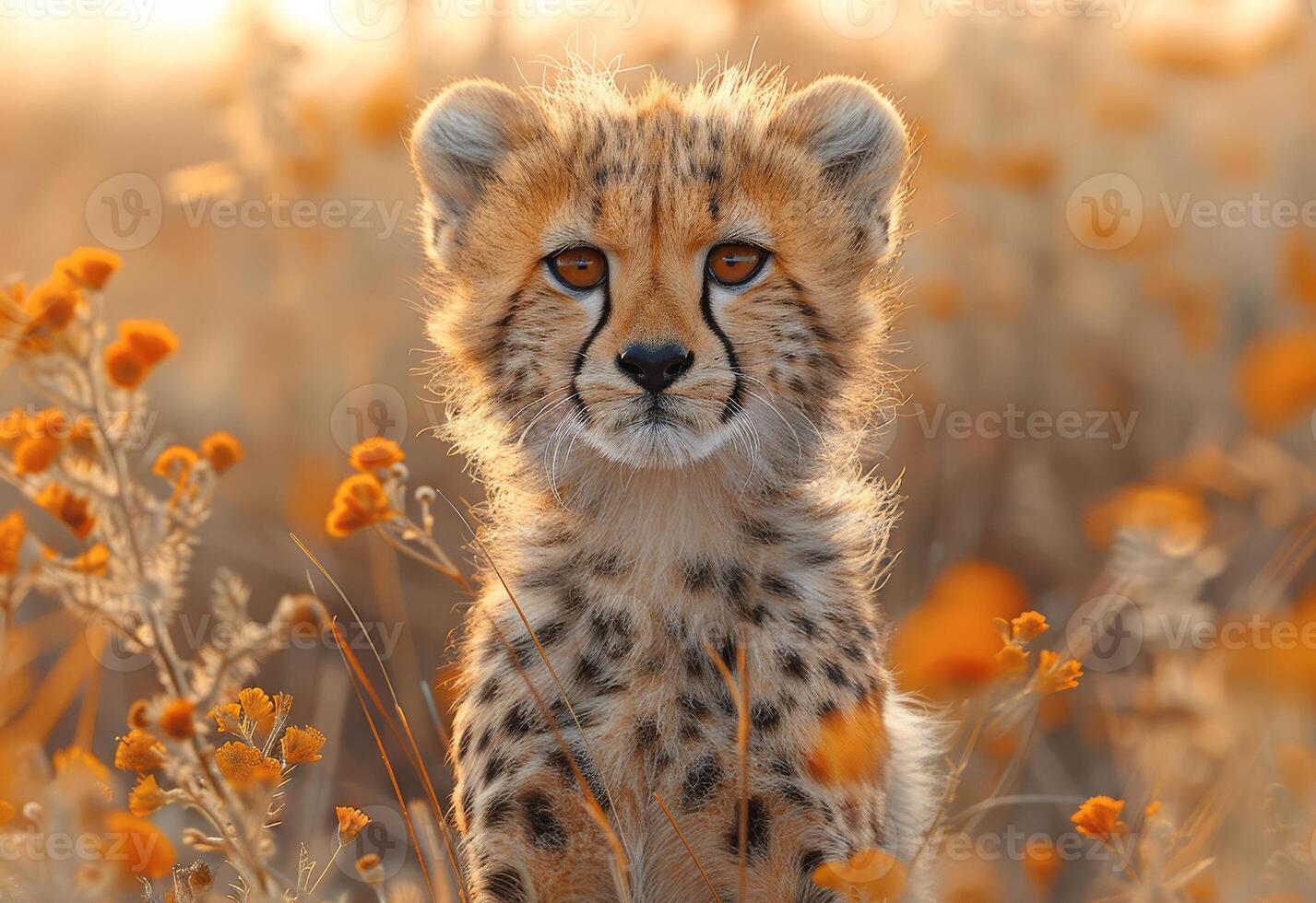 AI generated Cheetah cub sitting in the middle of the yellow flowers photo