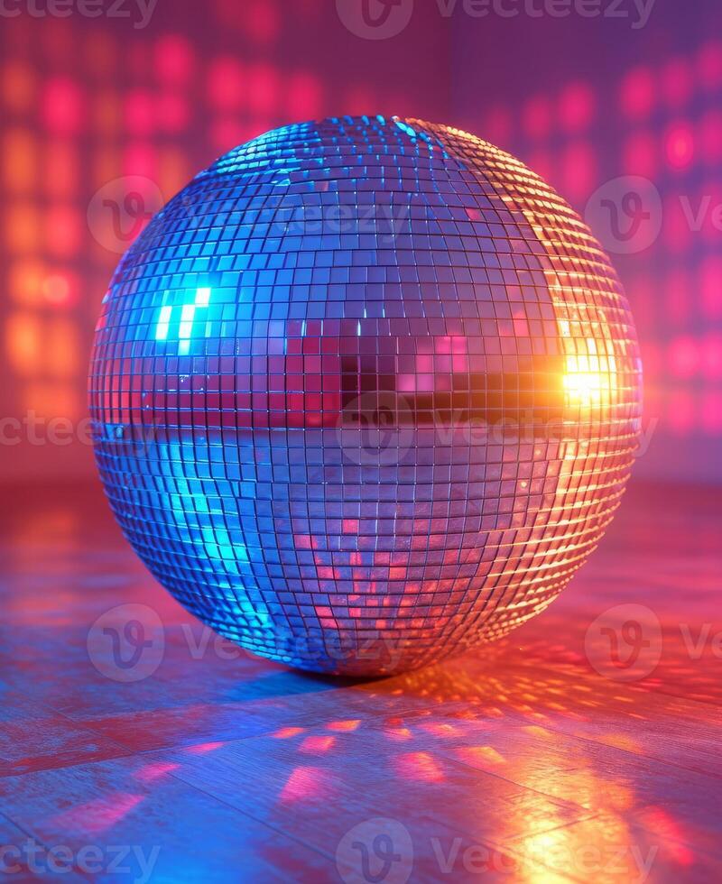 AI generated Mirrorball. Shiny disco ball on wooden floor with red and blue light photo