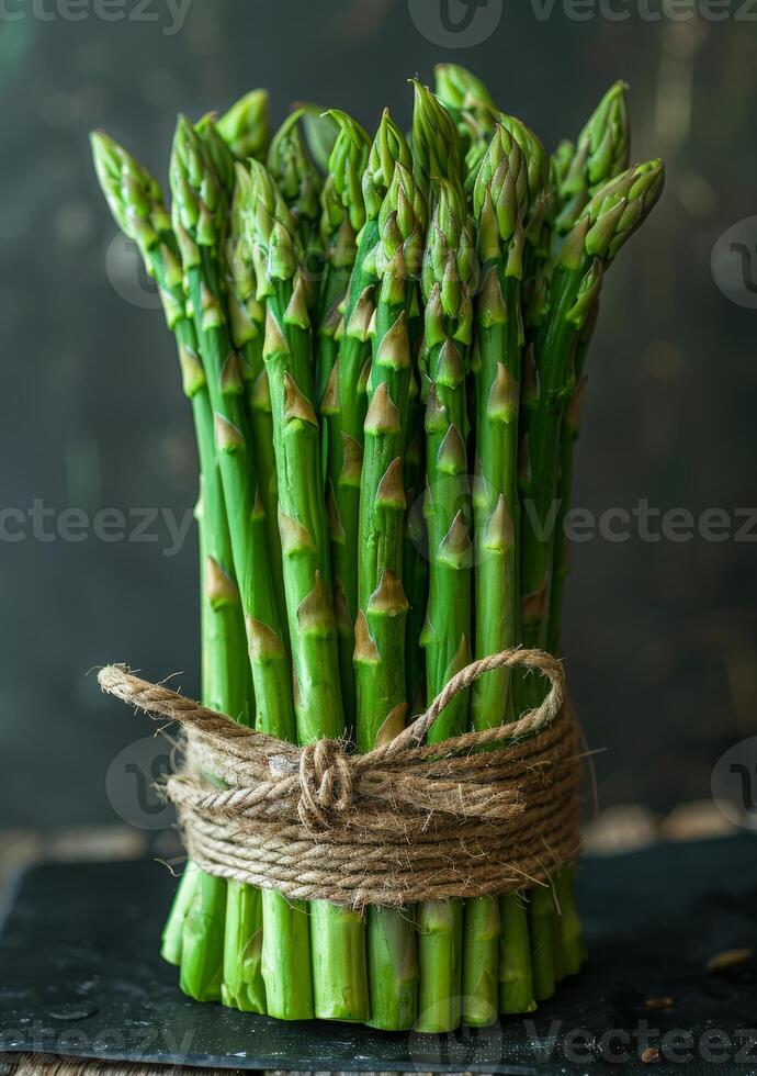 ai generado Fresco verde espárragos en oscuro antecedentes foto