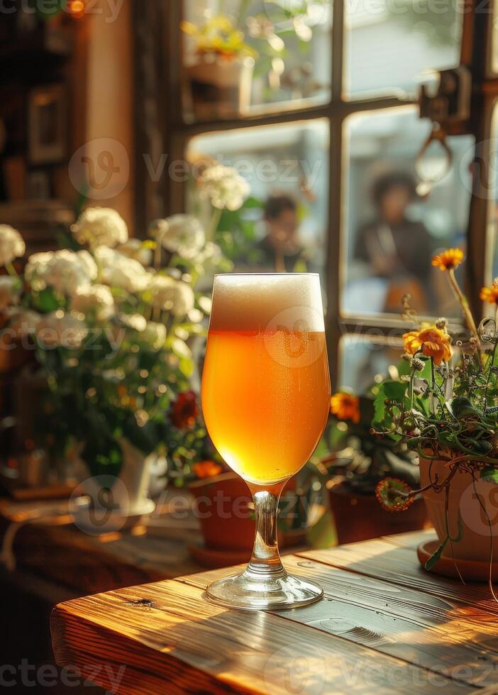 ai generado vaso de frío ligero cerveza en de madera mesa en pub foto