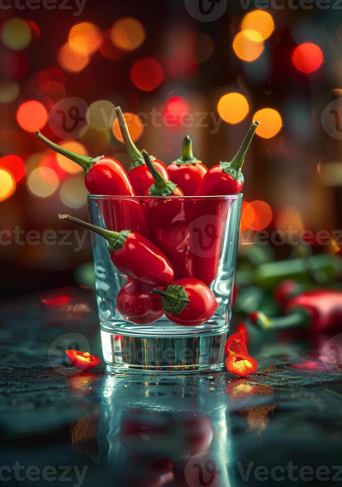 AI generated Red hot chili peppers in glass on dark background photo