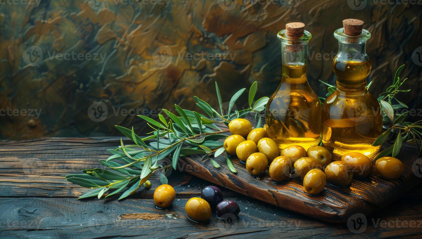 AI generated Olive oil and olives with green leaves on wooden table photo
