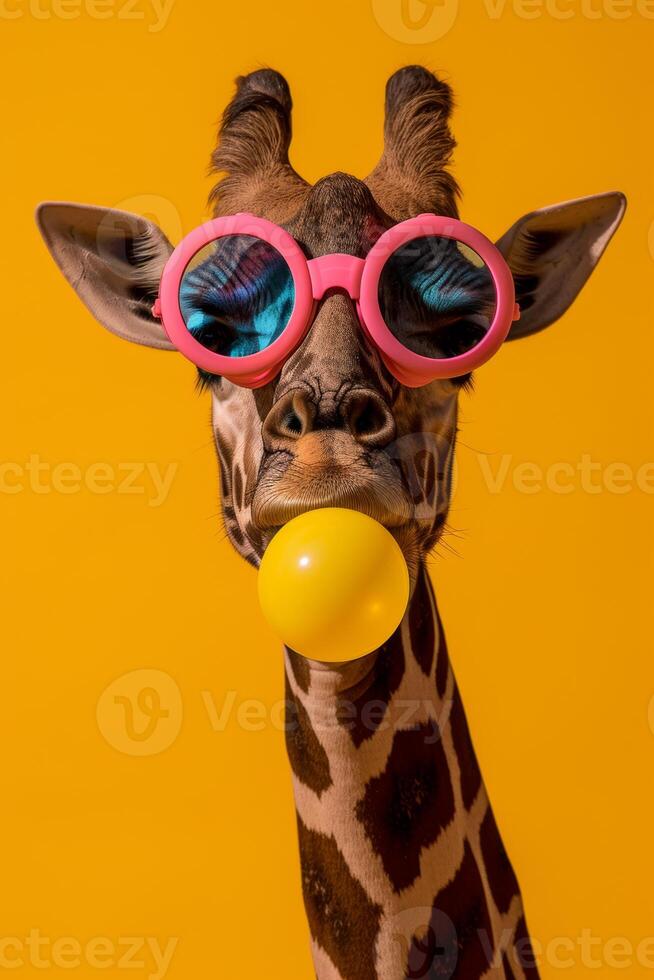 AI generated Funny giraffe with pink sunglasses and chewing ball photo