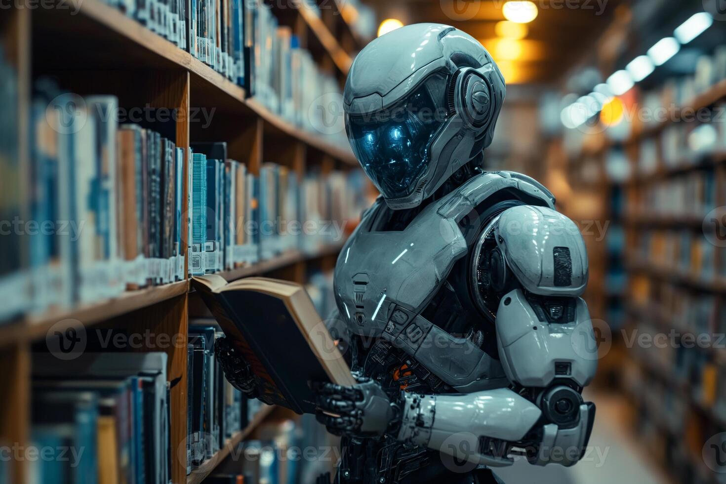 ai generado robot leyendo libro en biblioteca foto