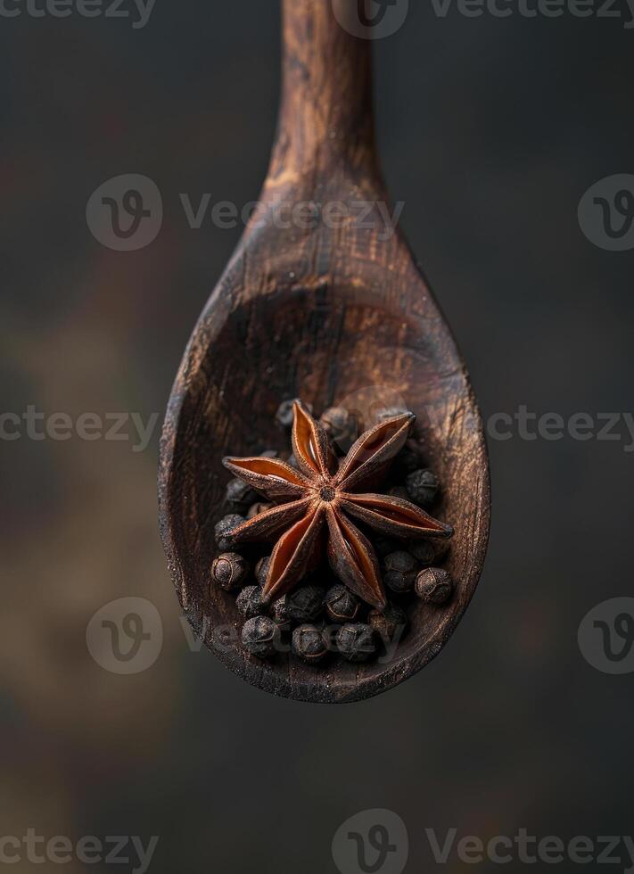 AI generated Star anise and peppercorns on wooden spoon photo