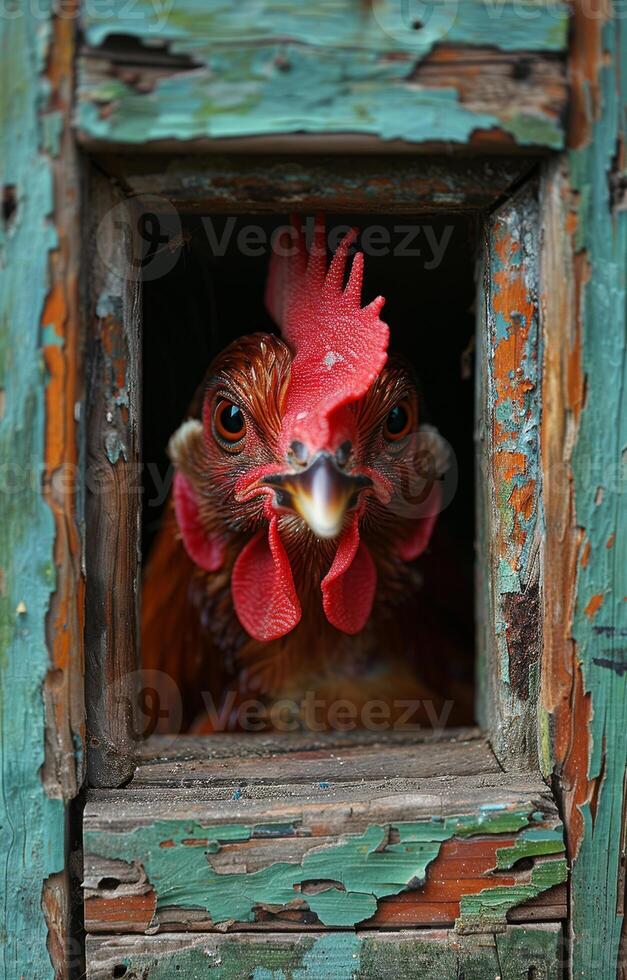 AI generated Rooster looks out of wooden window photo