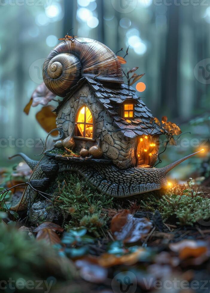 AI generated Snail house in the forest. A giant snail carrying a small house on its back photo