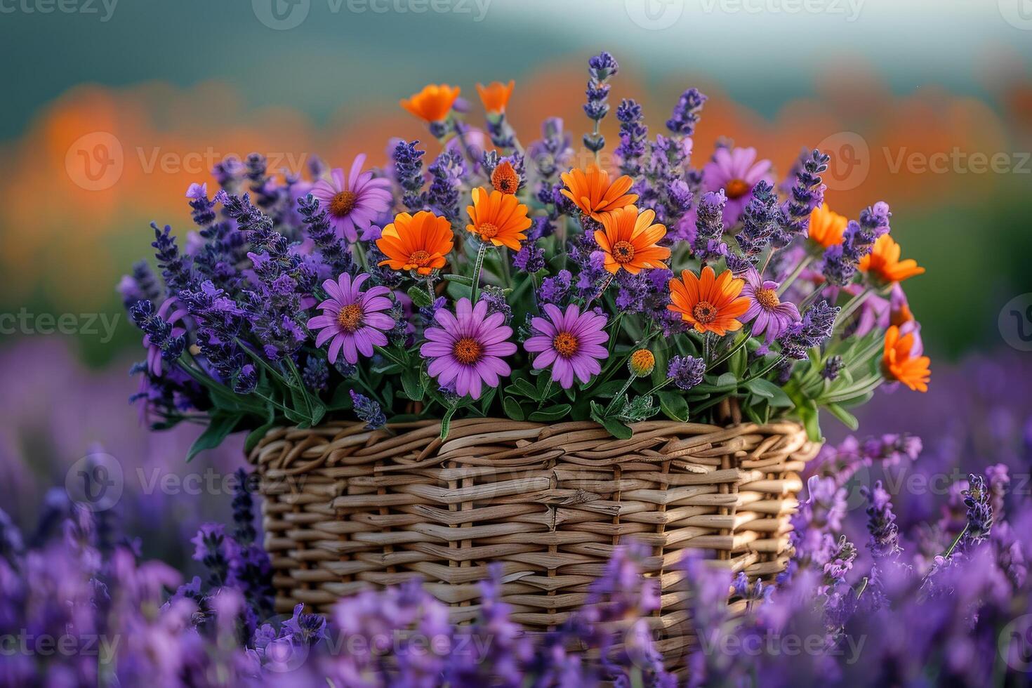 AI generated Basket with lavender and orange flowers photo