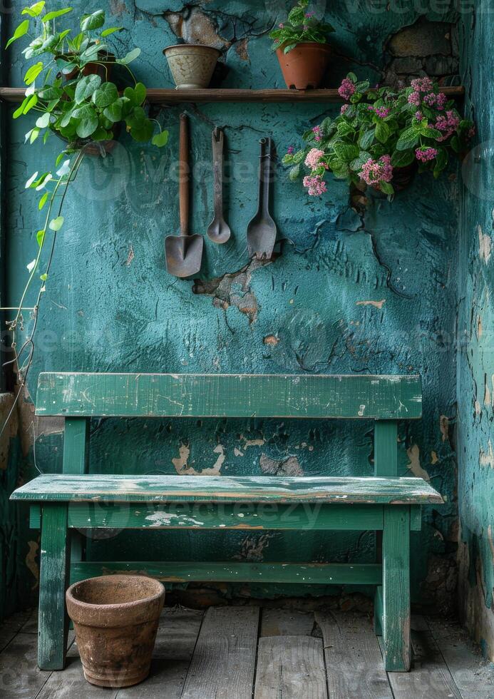 ai generado banco y jardinería herramientas en contra verde pared foto