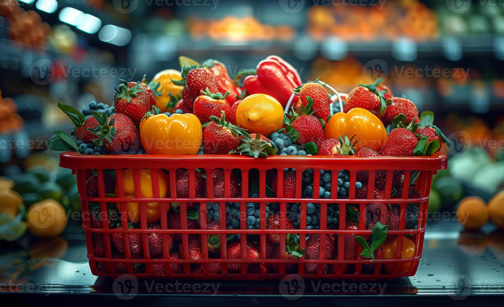 ai generado Fresco rojo maduro fresas y amarillo campana pimientos en compras cesta foto