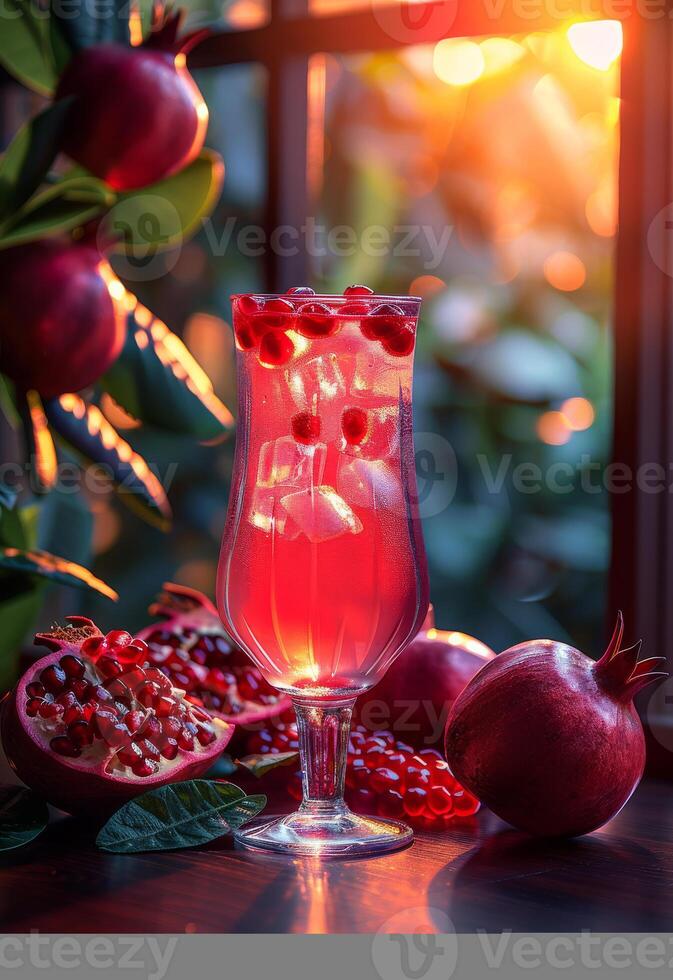 AI generated Pomegranate juice in glass and pomegranates on table photo