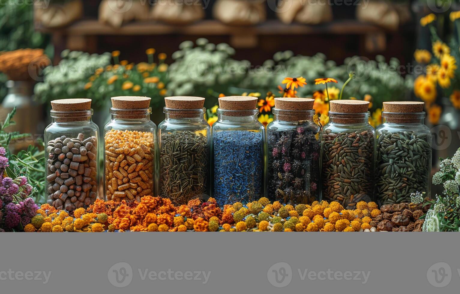 AI generated Glass jars with dried flowers and herbs on wooden table photo