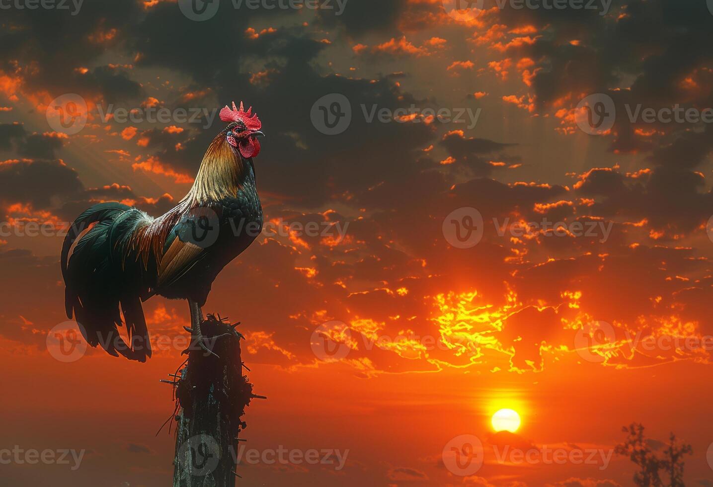 AI generated Rooster crowing on pole at sunset photo