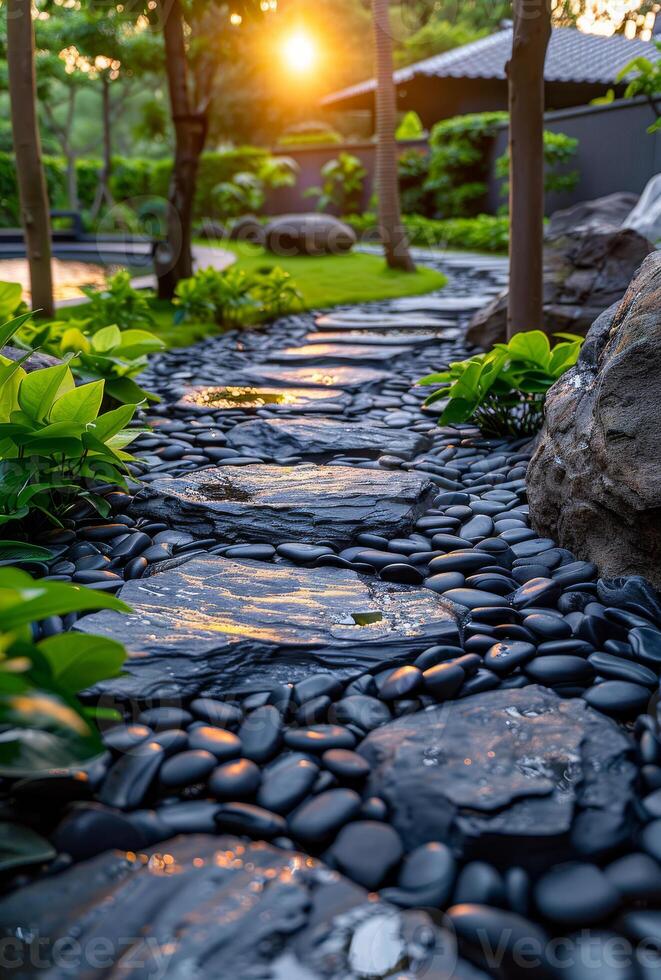 AI generated The stone path is in the garden with green grass and flower and sunset light background photo