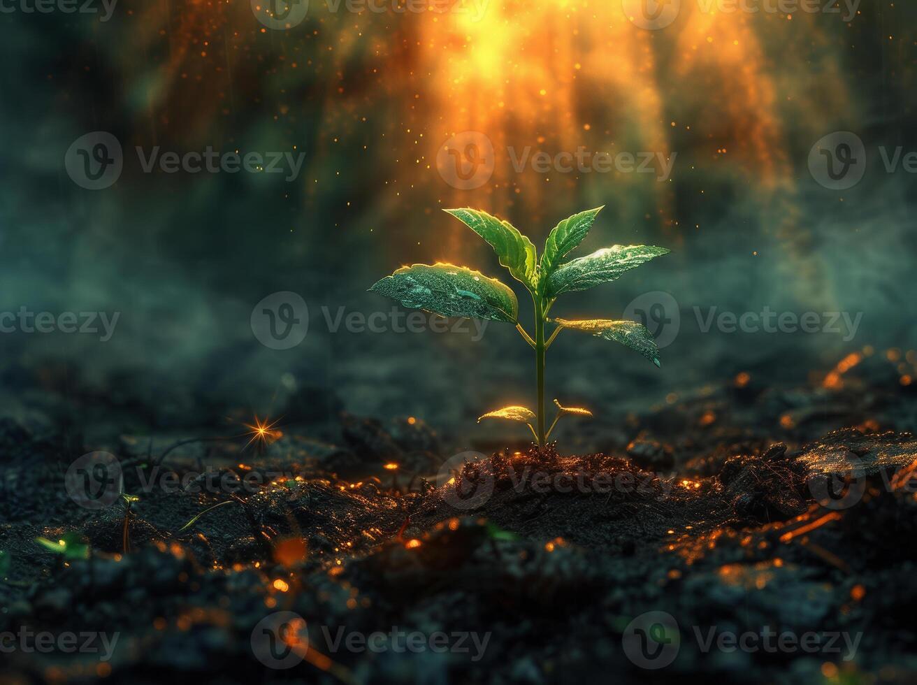 AI generated Young plant growing in the morning light and dark background photo