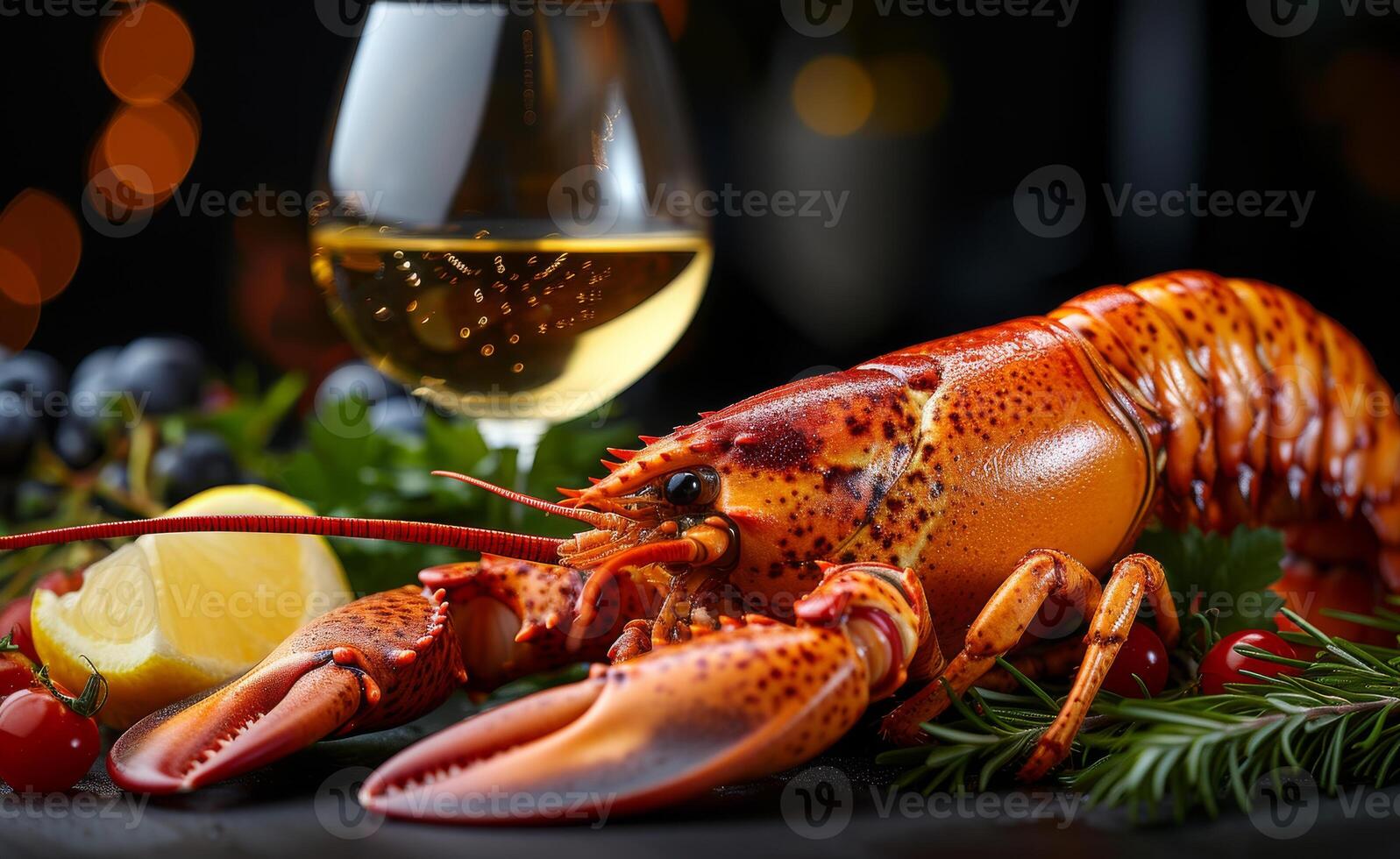 AI generated Lobster and glass of white wine photo