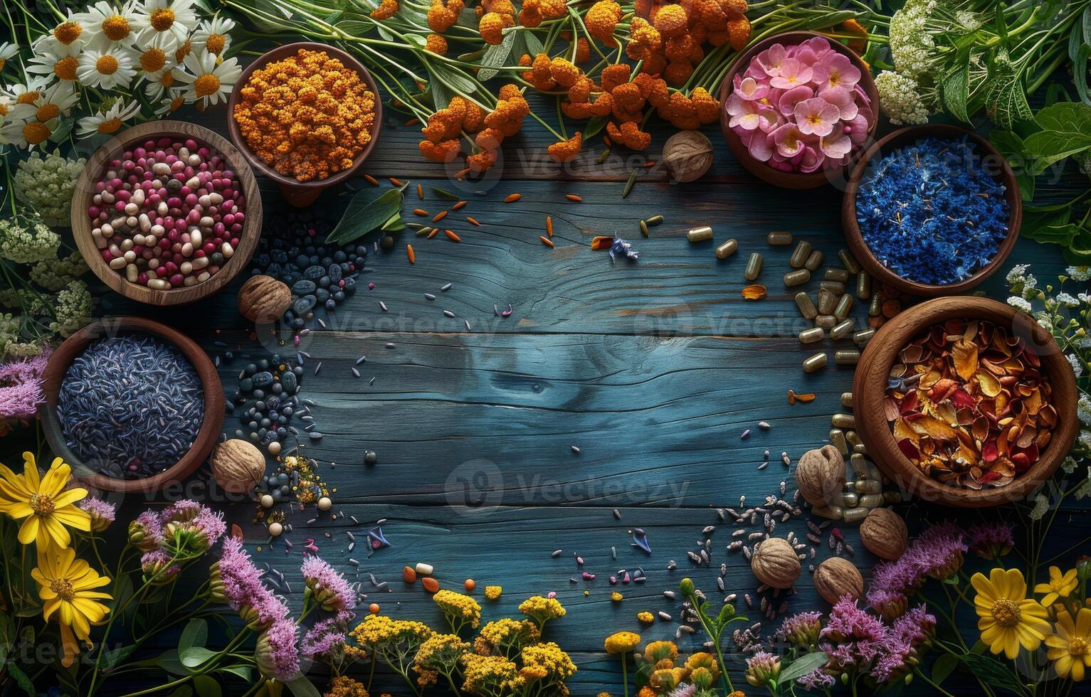 AI generated Colorful flower seeds and dried flowers on blue wooden background photo