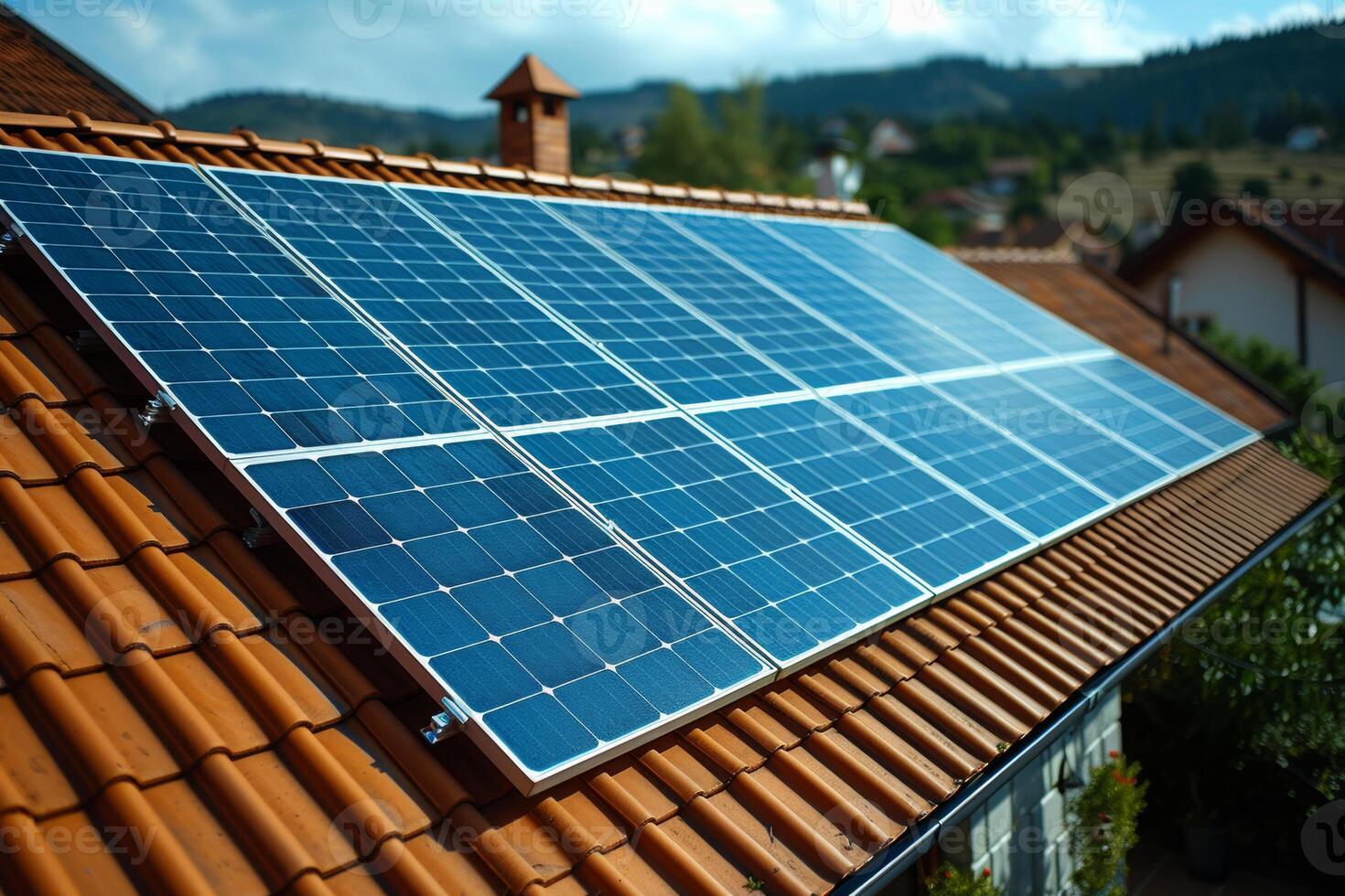 ai generado solar paneles en techo. fotovoltaica sistema en el techo foto