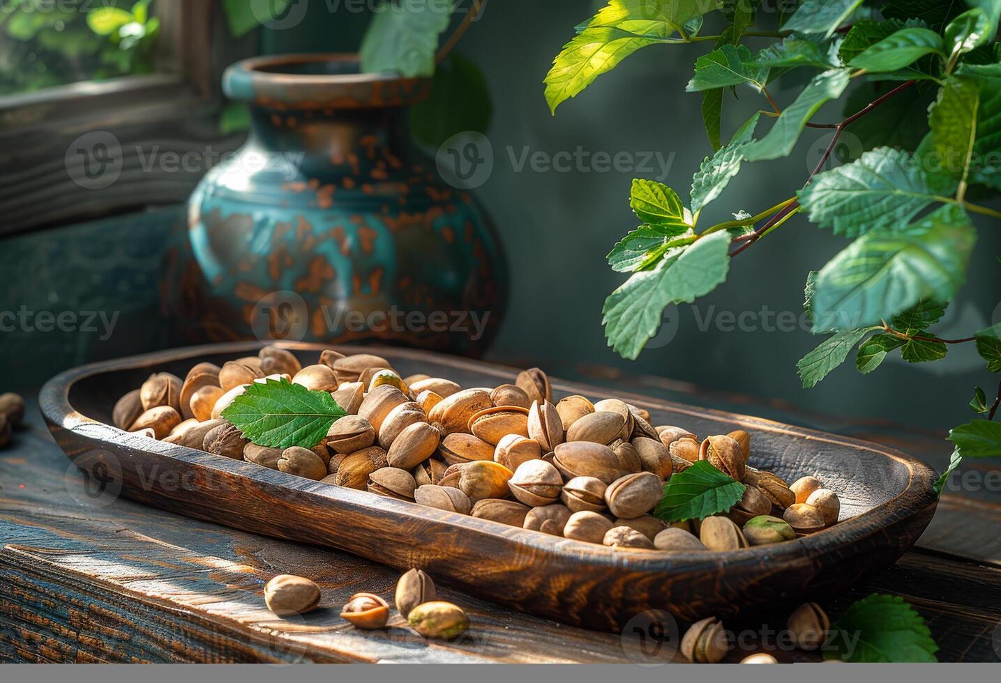 AI generated Wooden bowl with pistachios and mint leaves photo