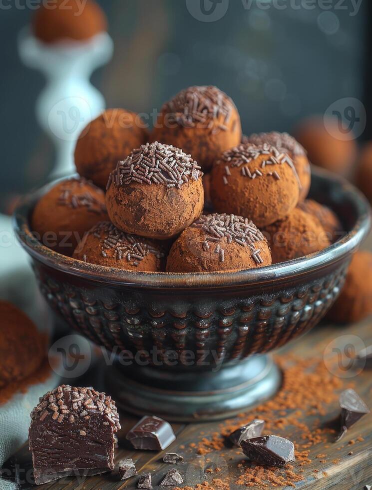 ai generado chocolate trufas en bol. un aplicación con un foto de chocolate trufas