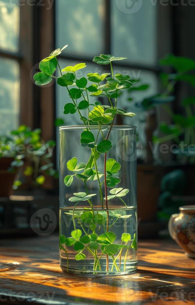 ai generado joven planta en vaso y florero en de madera mesa foto