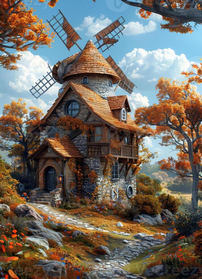 AI generated Old fairytale house in the forest. photo