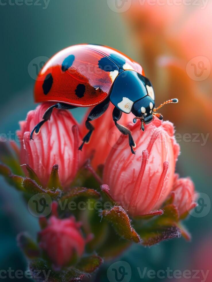 ai generado mariquita en flor en el noche foto