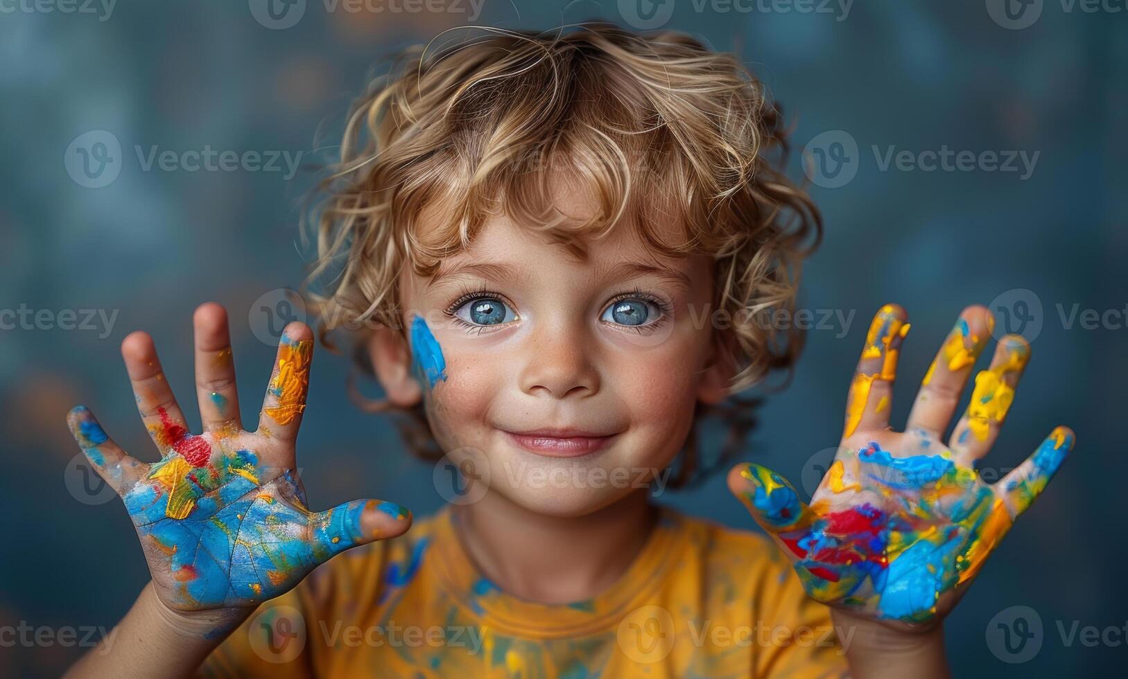 AI generated Child shows his hands with paint on them. photo