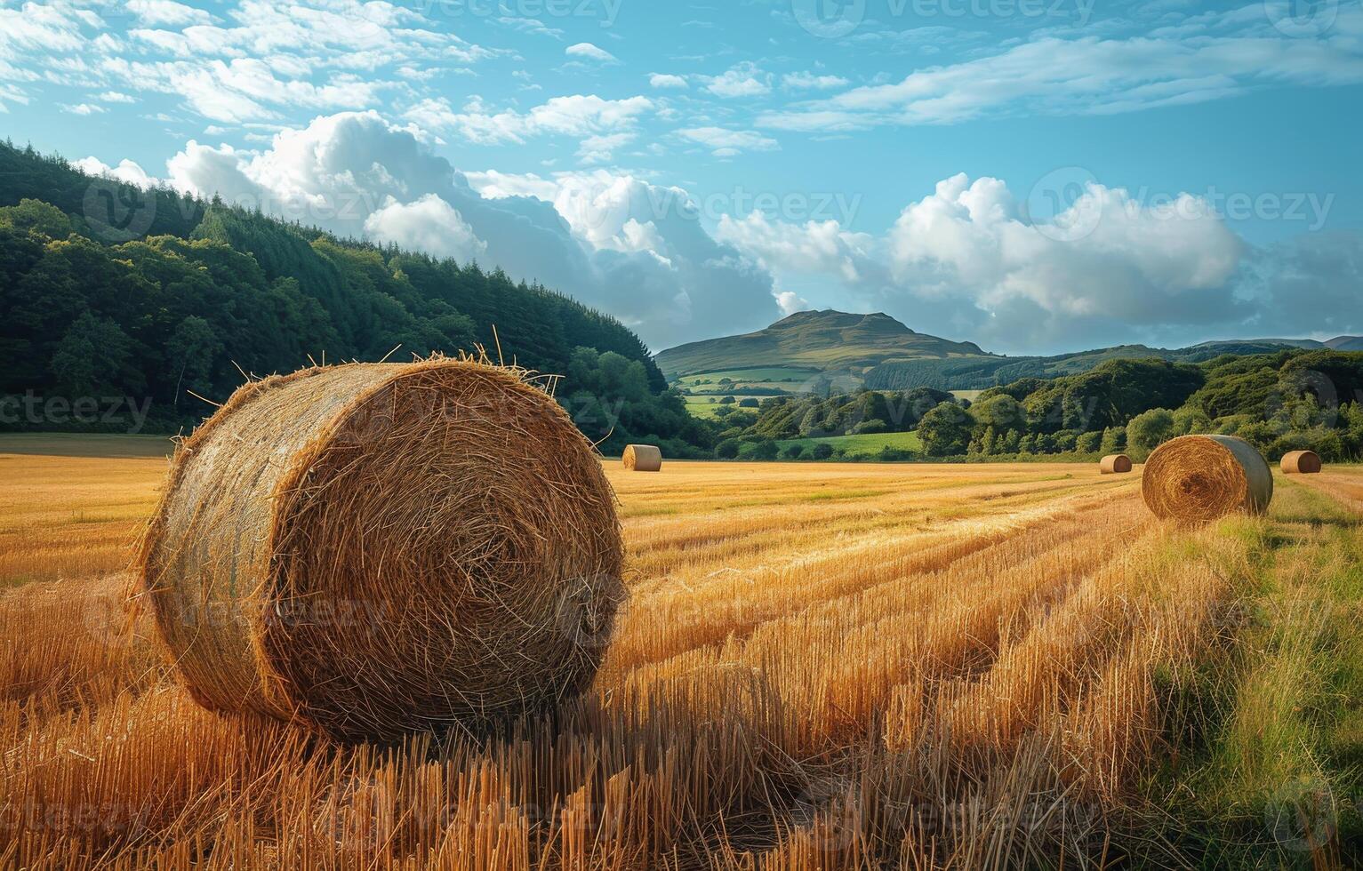 AI generated Hay bales in field with hill in the background photo