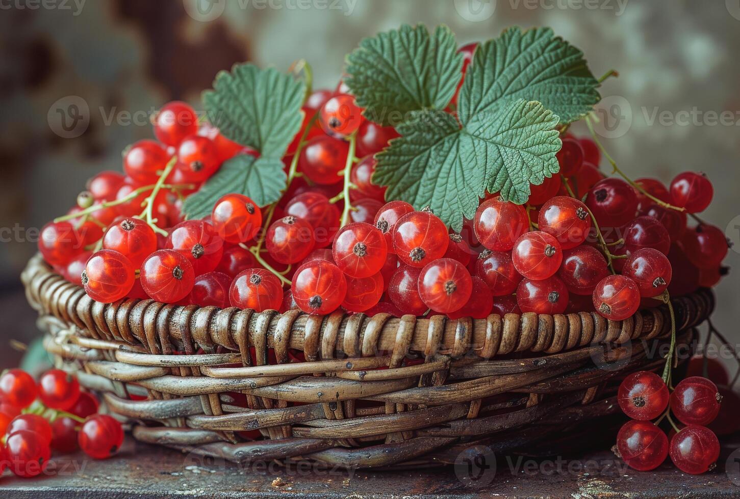 AI generated Red currants in wicker basket on wooden table photo