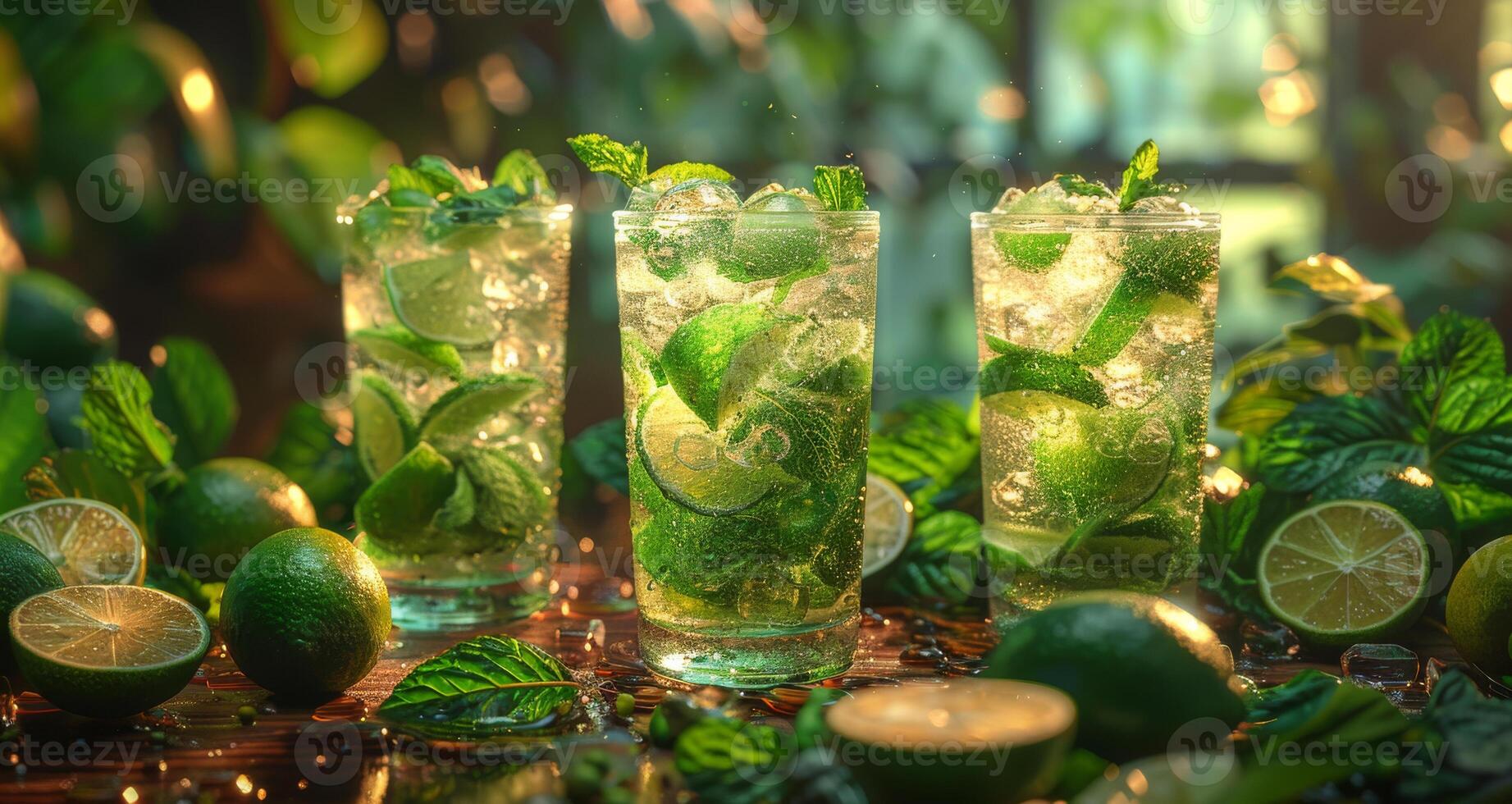 AI generated Three mojito cocktail with lime and mint in highball glasses on wooden table photo